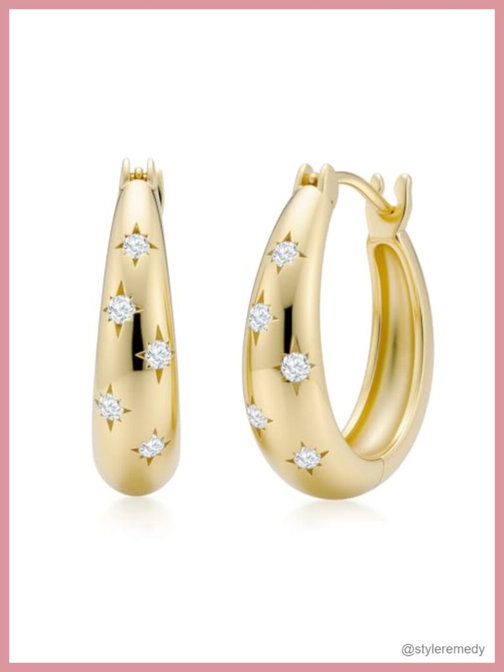 14k Gold Plated Hoop Earrings Cubic Zirconia Star Latch Back 23mm